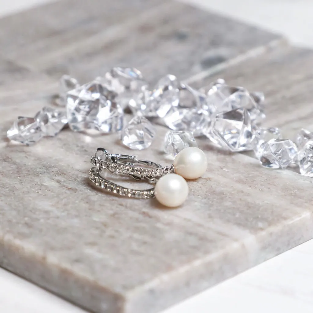 Genuine Silver Pearl Drop Sparkly Hoop Earrings ~ High Quality Pearls & Cubic Zirconia