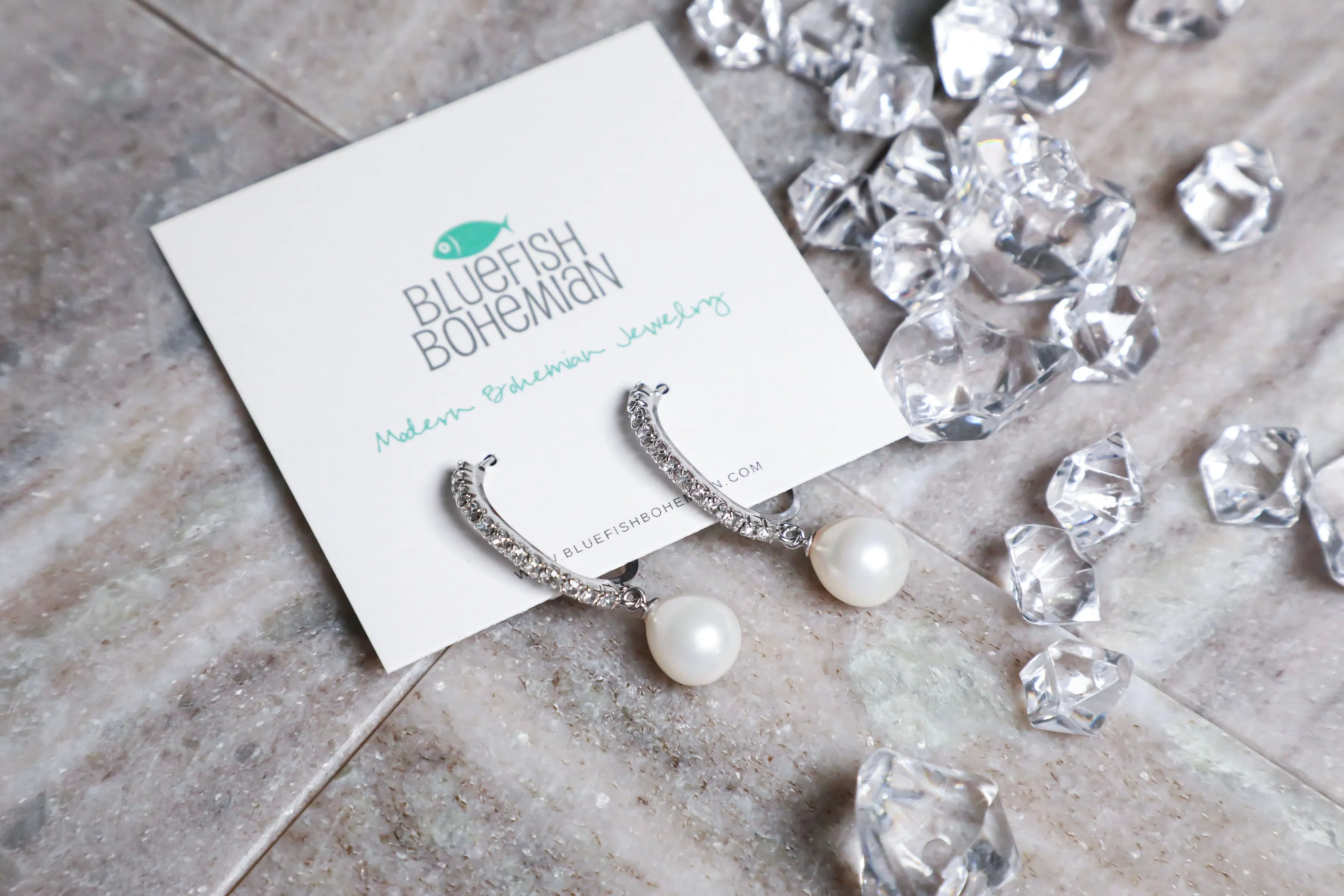Genuine Silver Pearl Drop Sparkly Hoop Earrings ~ High Quality Pearls & Cubic Zirconia