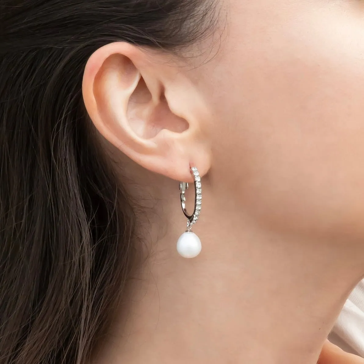 Genuine Silver Pearl Drop Sparkly Hoop Earrings ~ High Quality Pearls & Cubic Zirconia