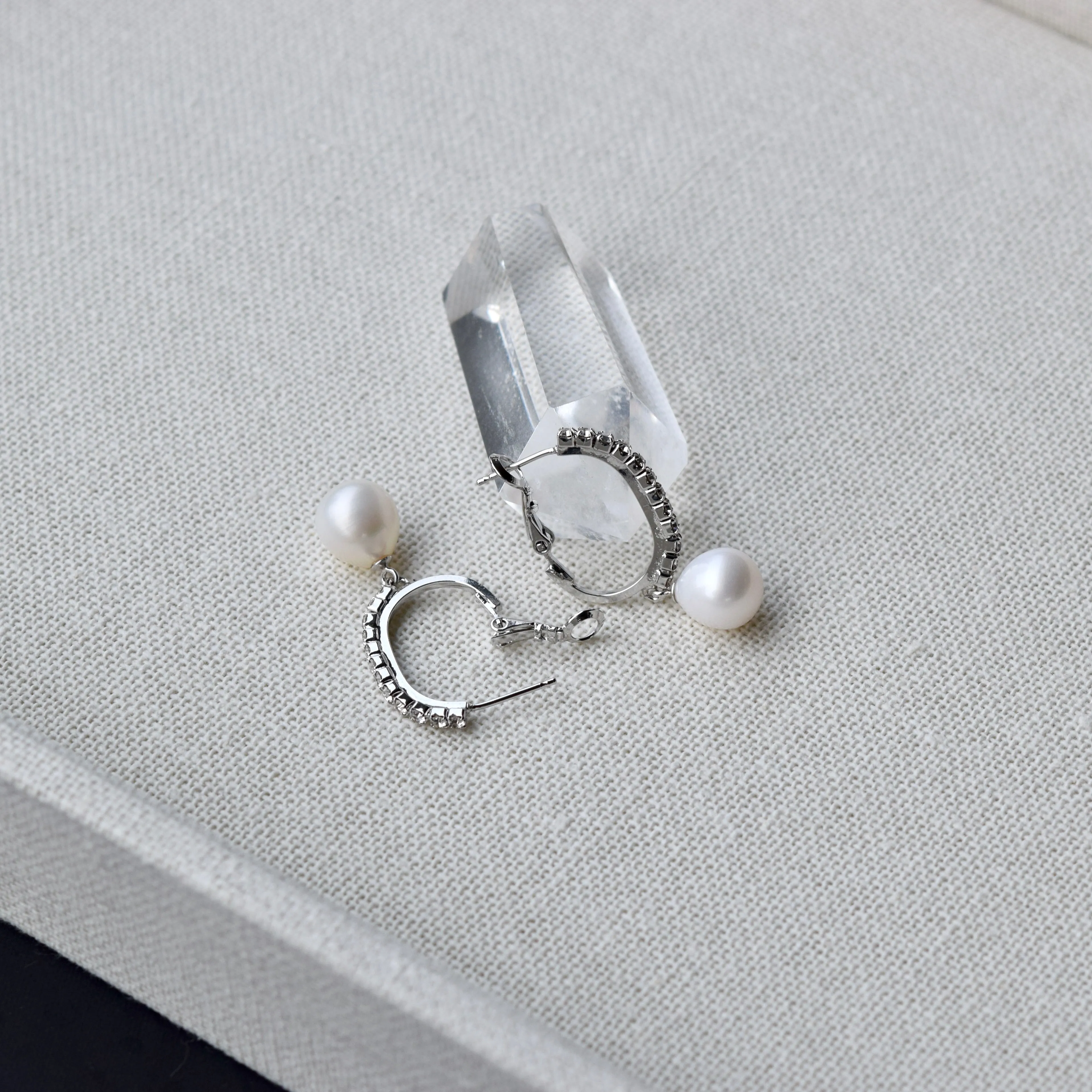 Genuine Silver Pearl Drop Sparkly Hoop Earrings ~ High Quality Pearls & Cubic Zirconia