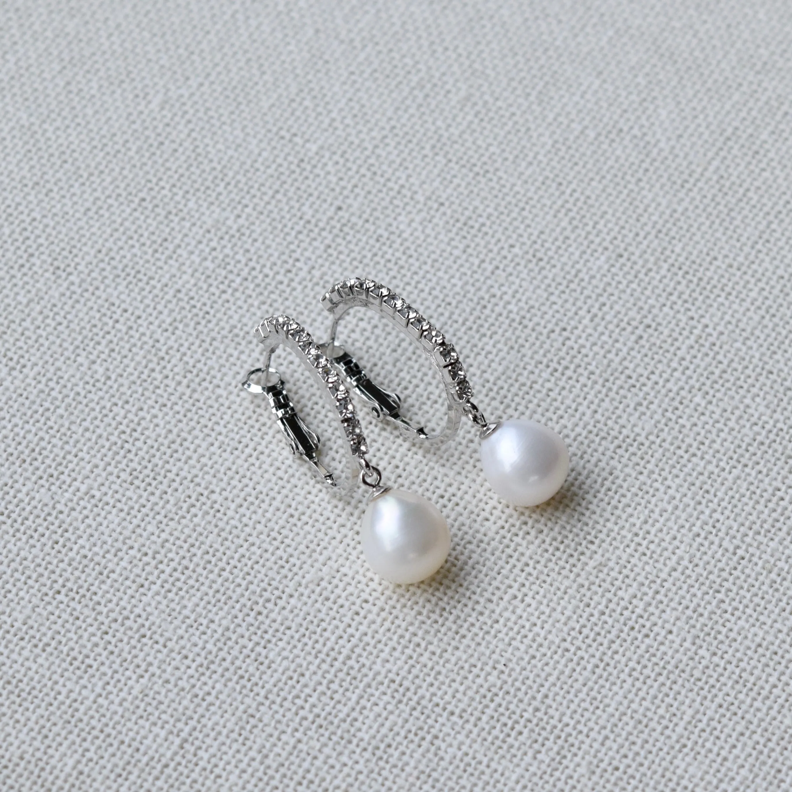 Genuine Silver Pearl Drop Sparkly Hoop Earrings ~ High Quality Pearls & Cubic Zirconia
