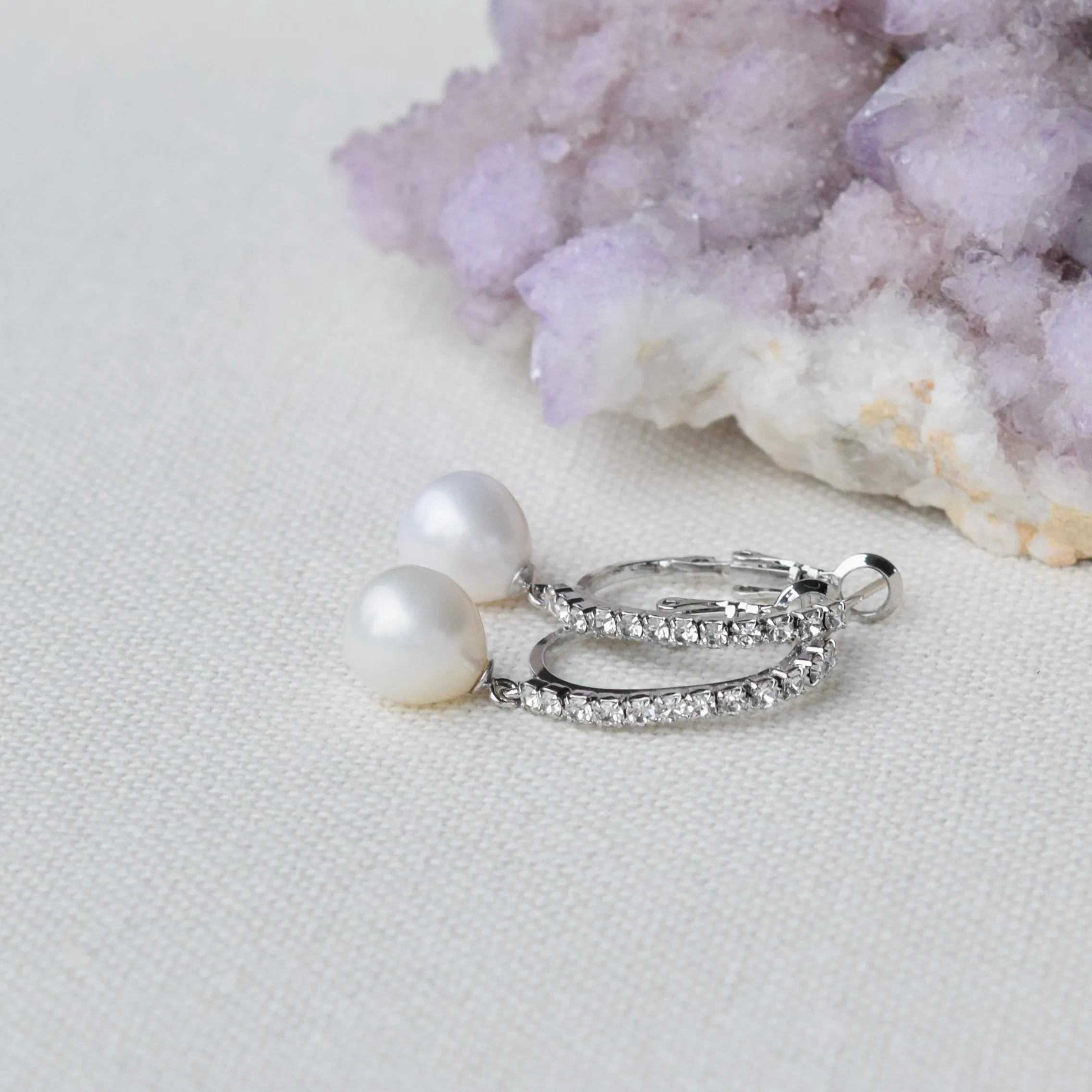 Genuine Silver Pearl Drop Sparkly Hoop Earrings ~ High Quality Pearls & Cubic Zirconia