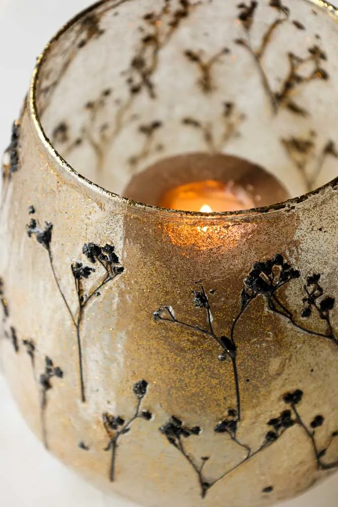 Gold Dried Flowers Glass Candle Holder