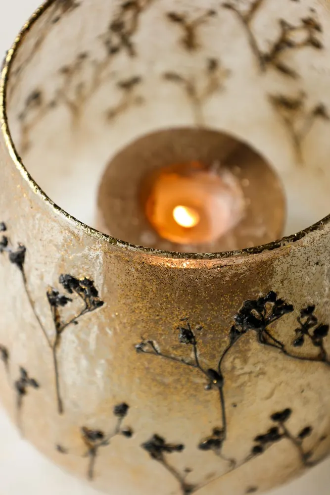 Gold Dried Flowers Glass Candle Holder