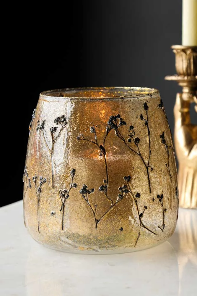 Gold Dried Flowers Glass Candle Holder