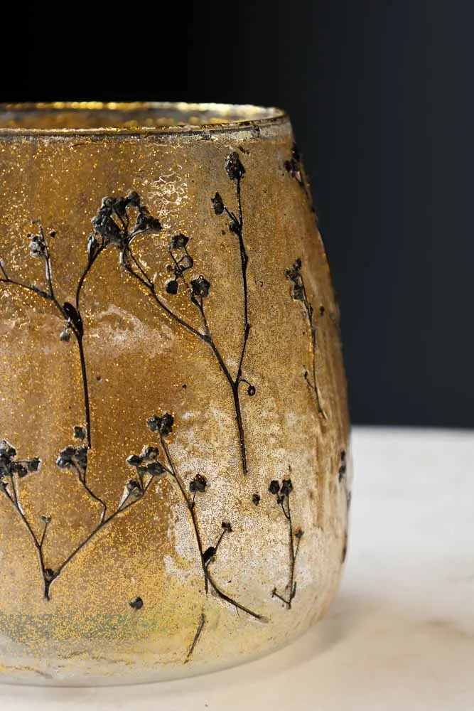 Gold Dried Flowers Glass Candle Holder