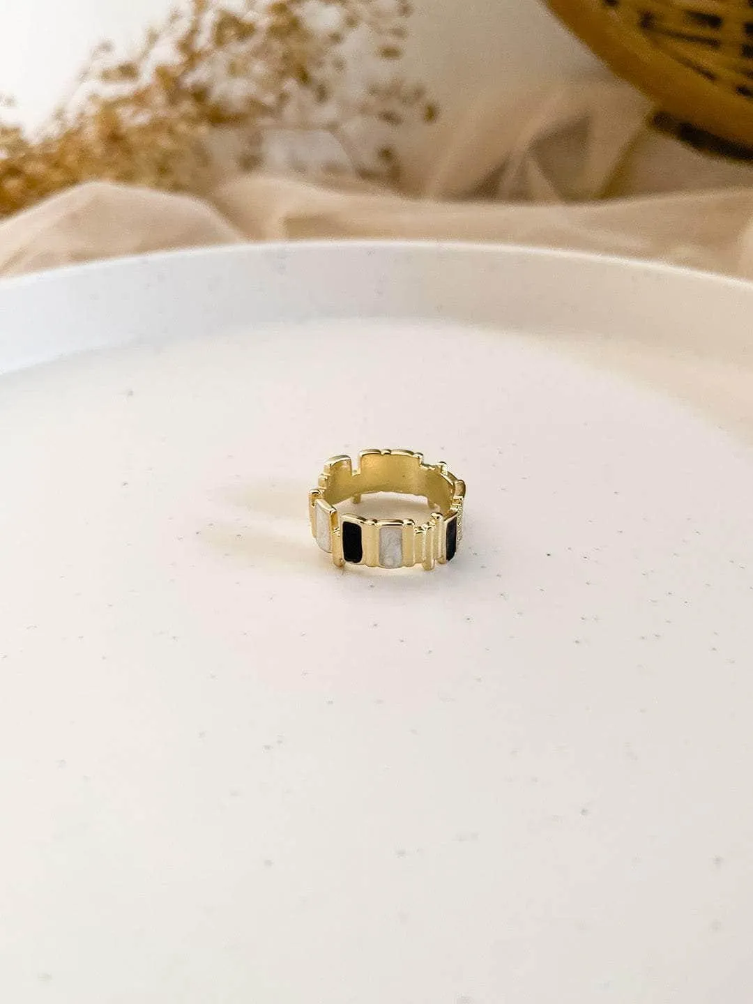 Golden Plated Vertical Strip Adjustable Ring Black
