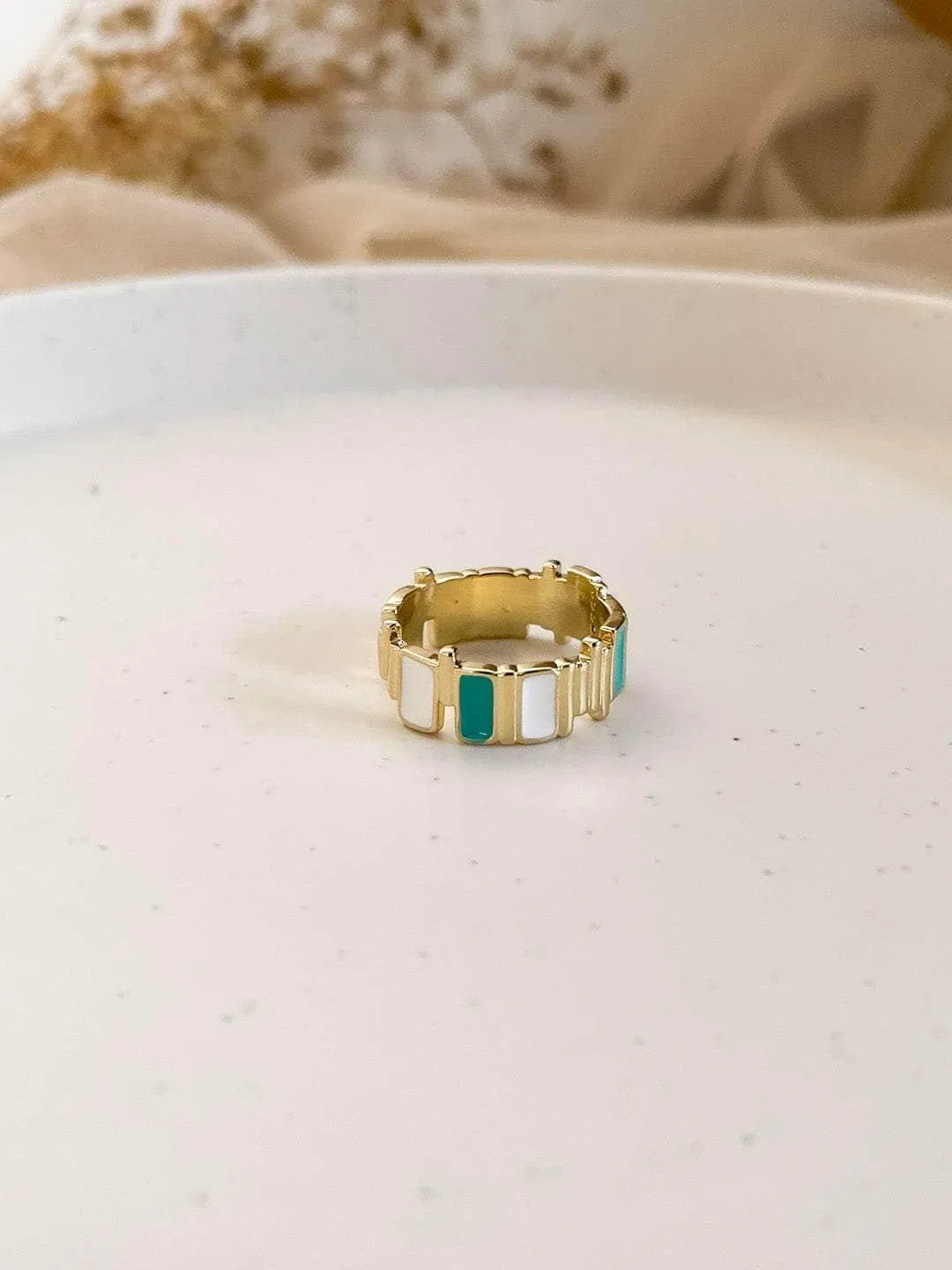 Golden Plated Vertical Strip Adjustable Ring Green