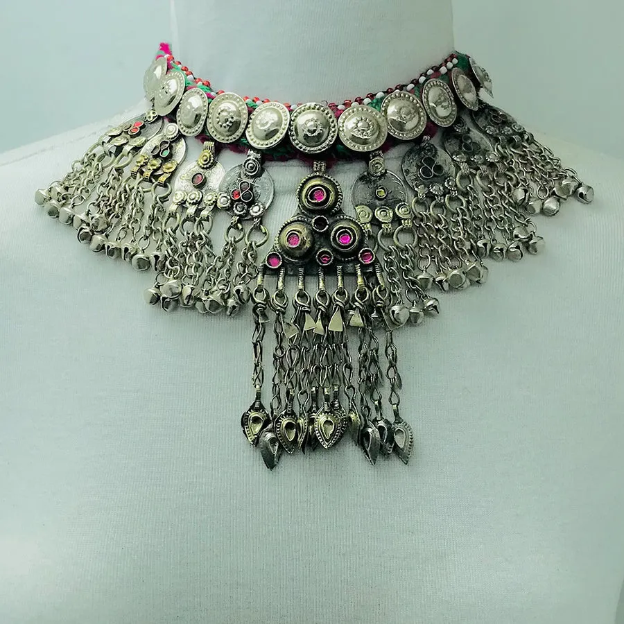 Handmade Choker Necklace, Tribal Necklace With Vintage Coins and Tassels,