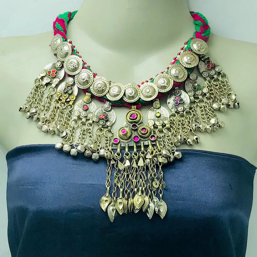 Handmade Choker Necklace, Tribal Necklace With Vintage Coins and Tassels,