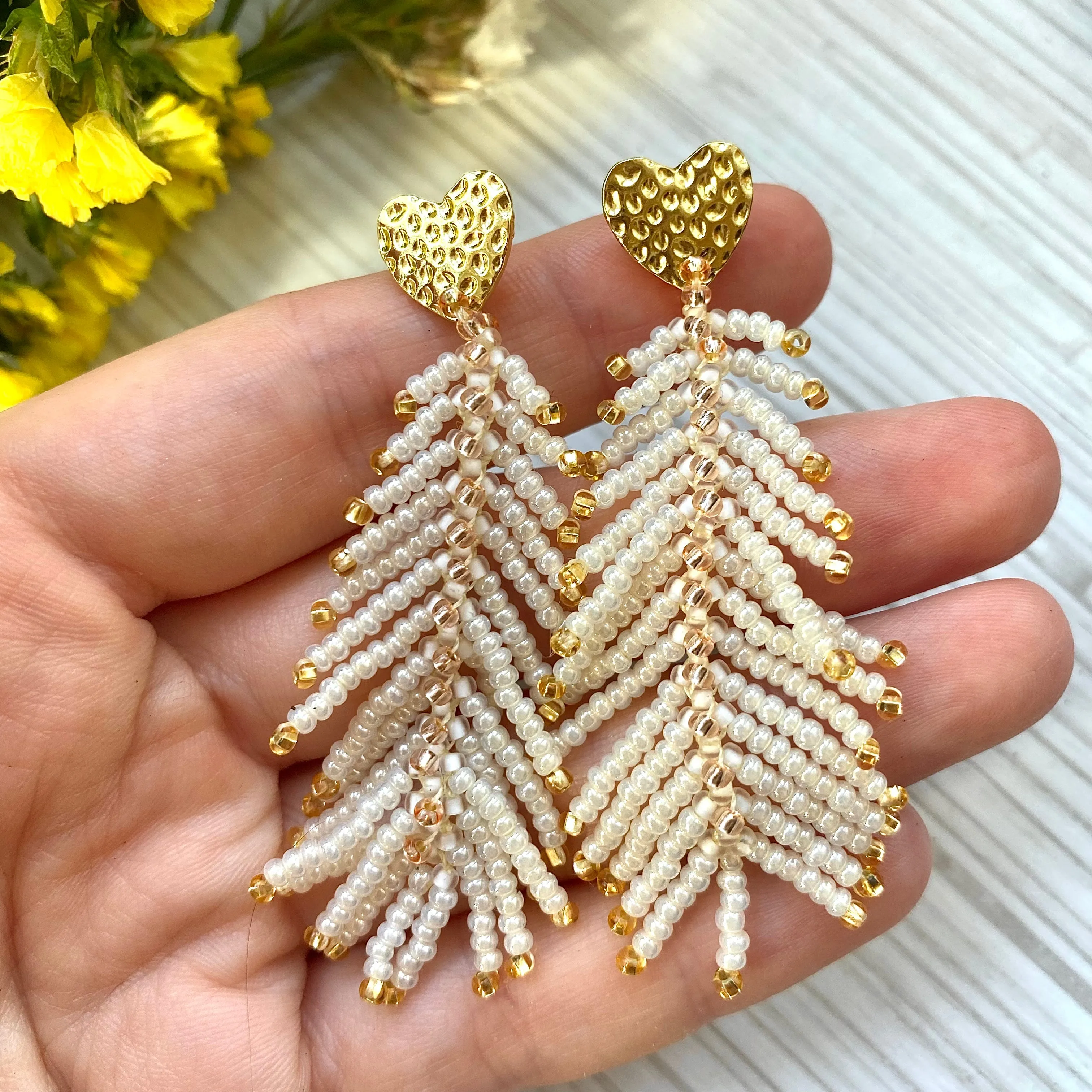 Handmade Dainty Boho White Gold Seed Beaded  Feather Earrings