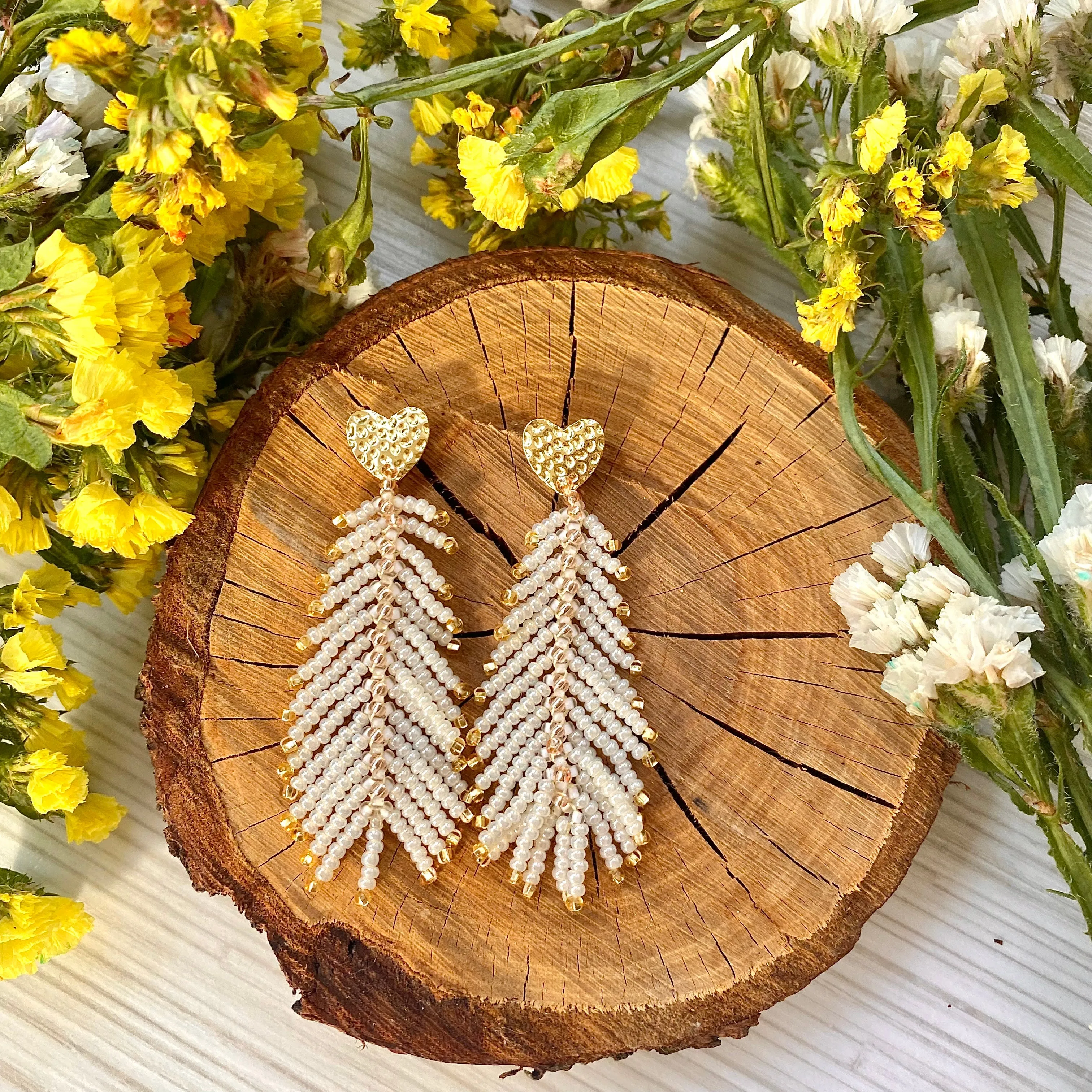 Handmade Dainty Boho White Gold Seed Beaded  Feather Earrings