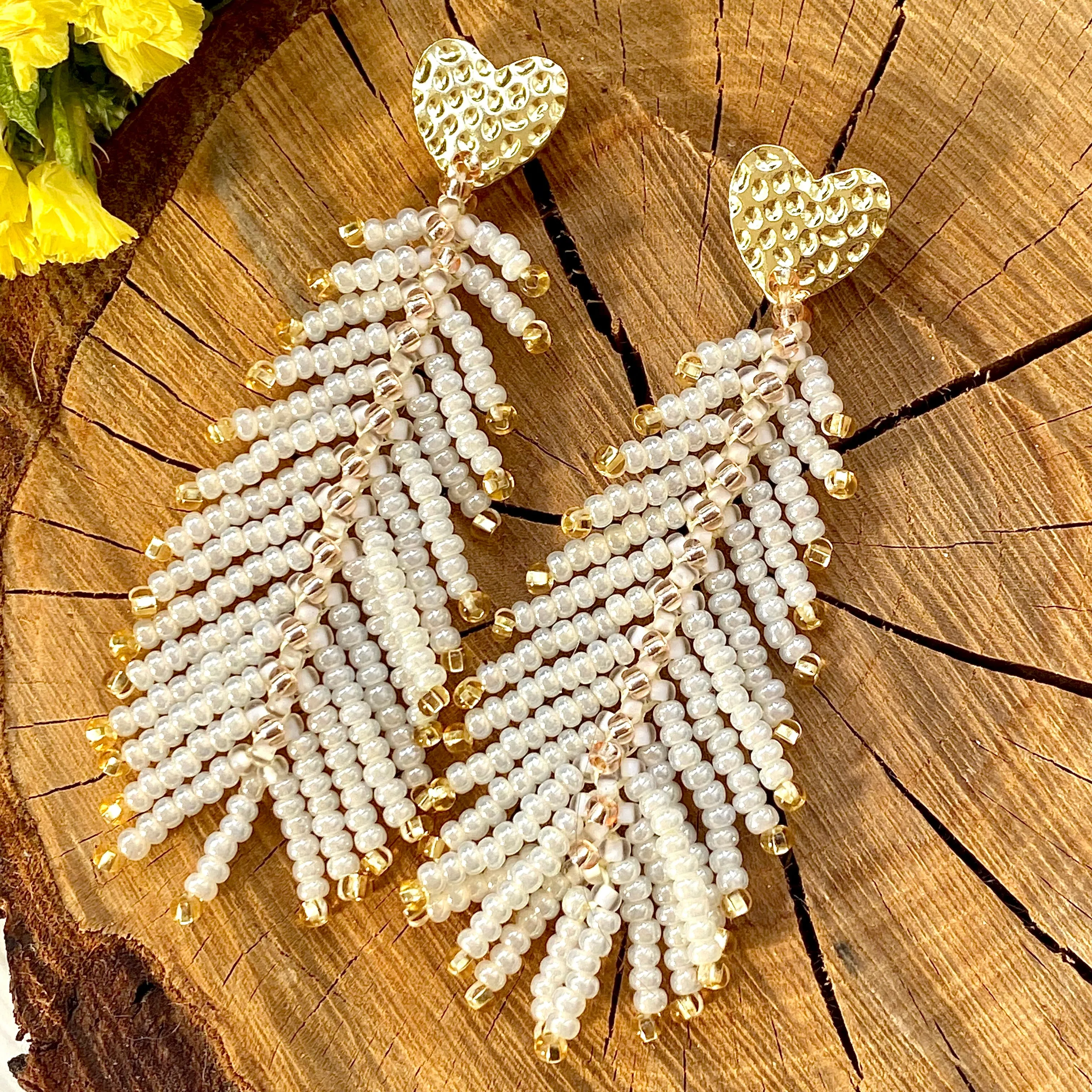 Handmade Dainty Boho White Gold Seed Beaded  Feather Earrings