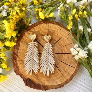 Handmade Dainty Boho White Gold Seed Beaded  Feather Earrings