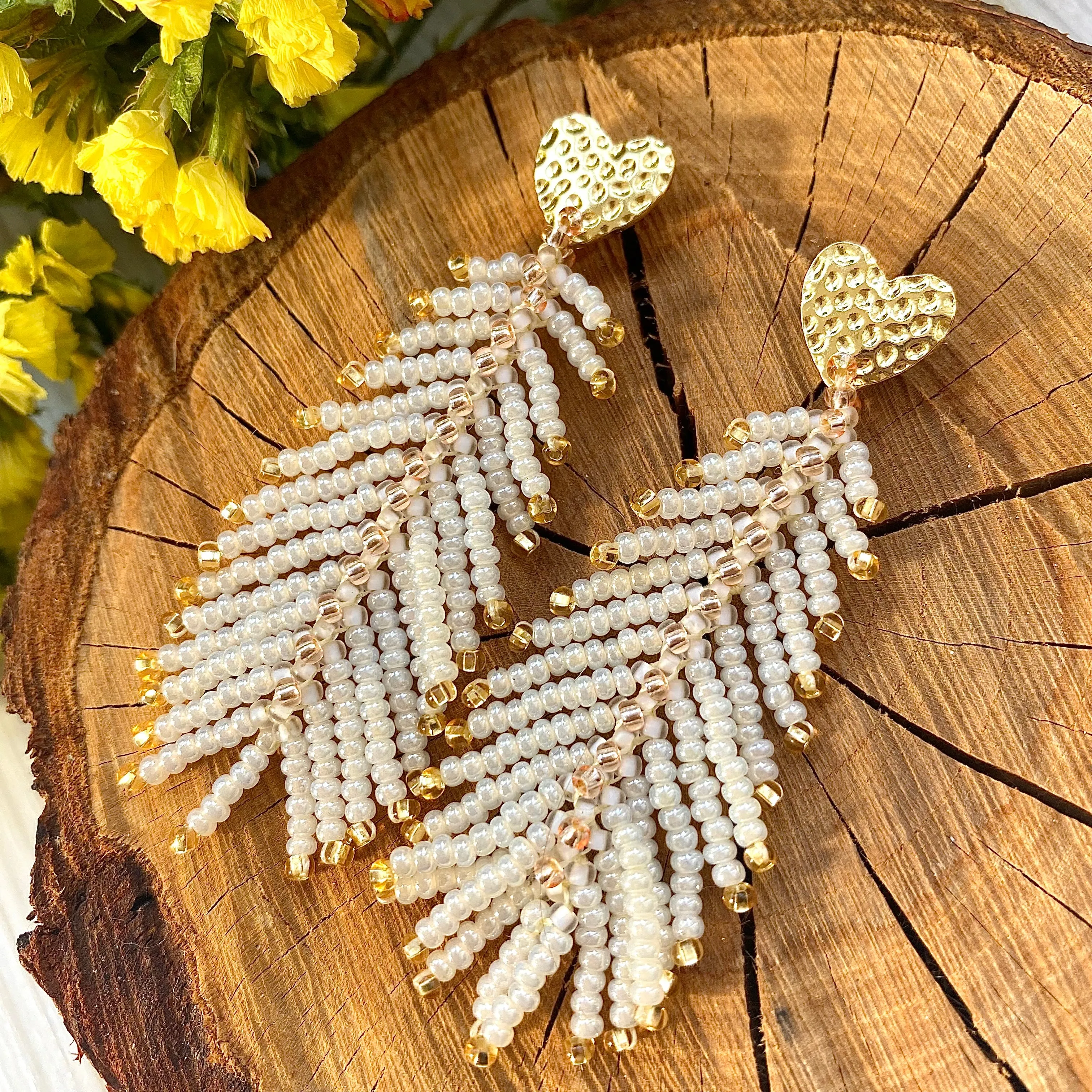 Handmade Dainty Boho White Gold Seed Beaded  Feather Earrings