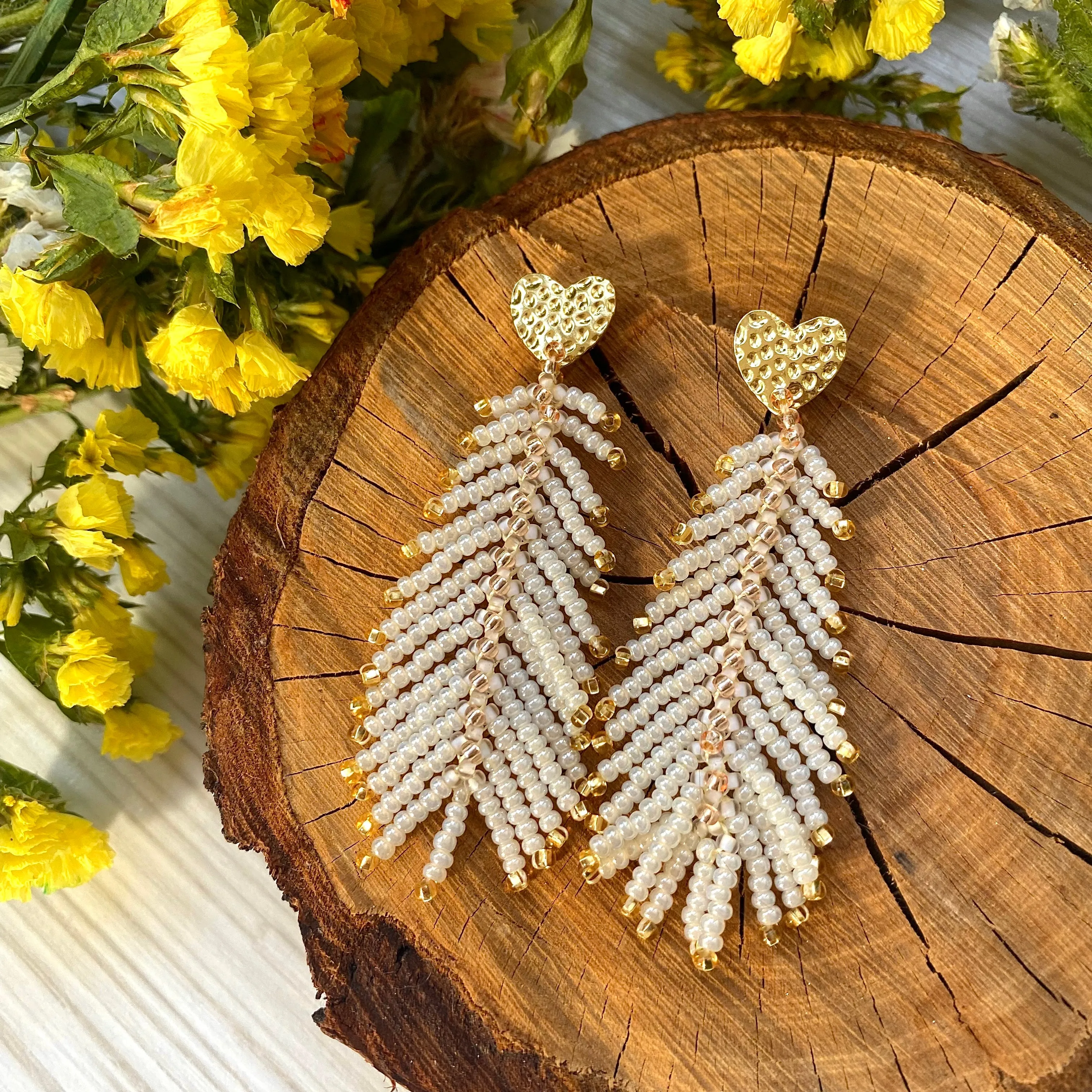 Handmade Dainty Boho White Gold Seed Beaded  Feather Earrings