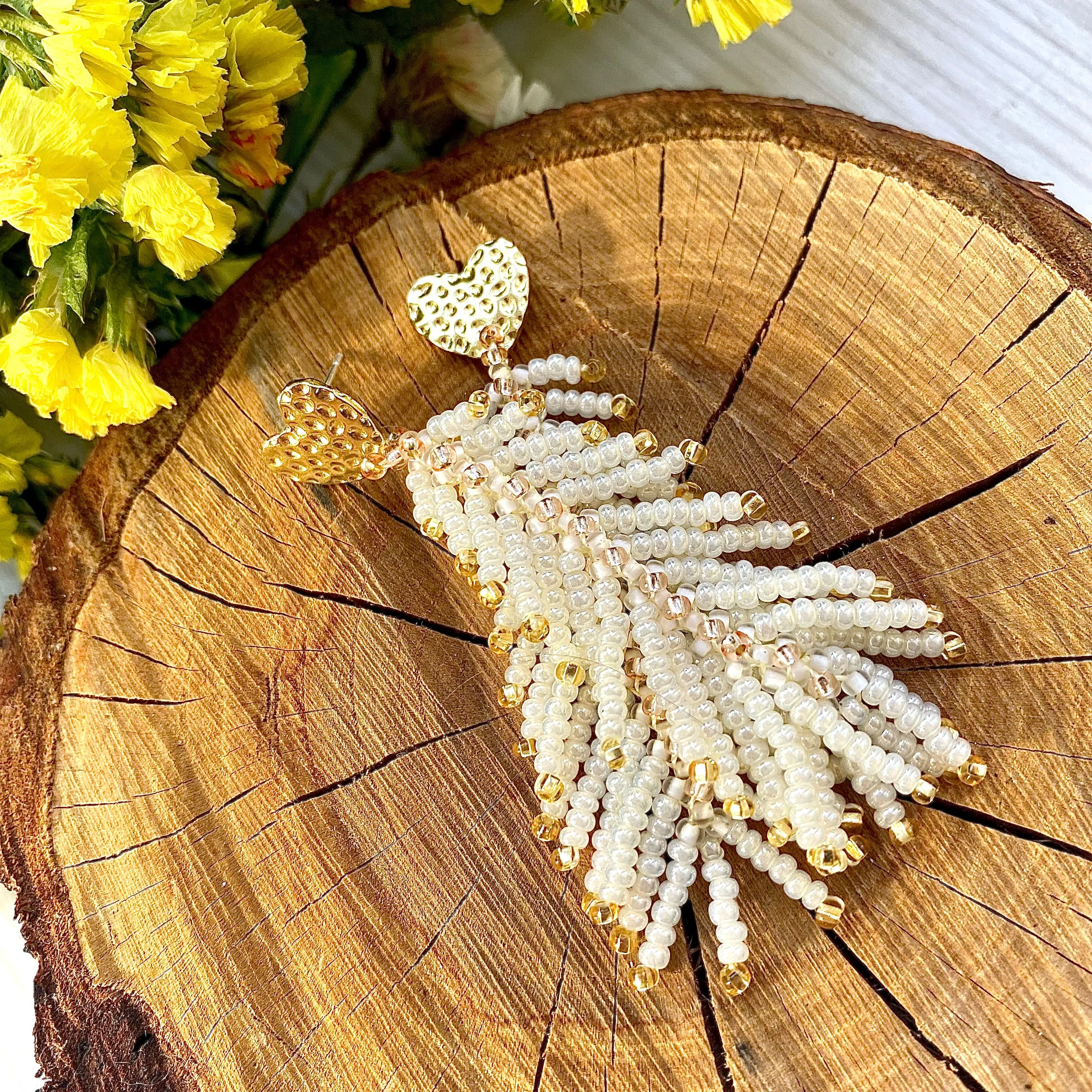 Handmade Dainty Boho White Gold Seed Beaded  Feather Earrings