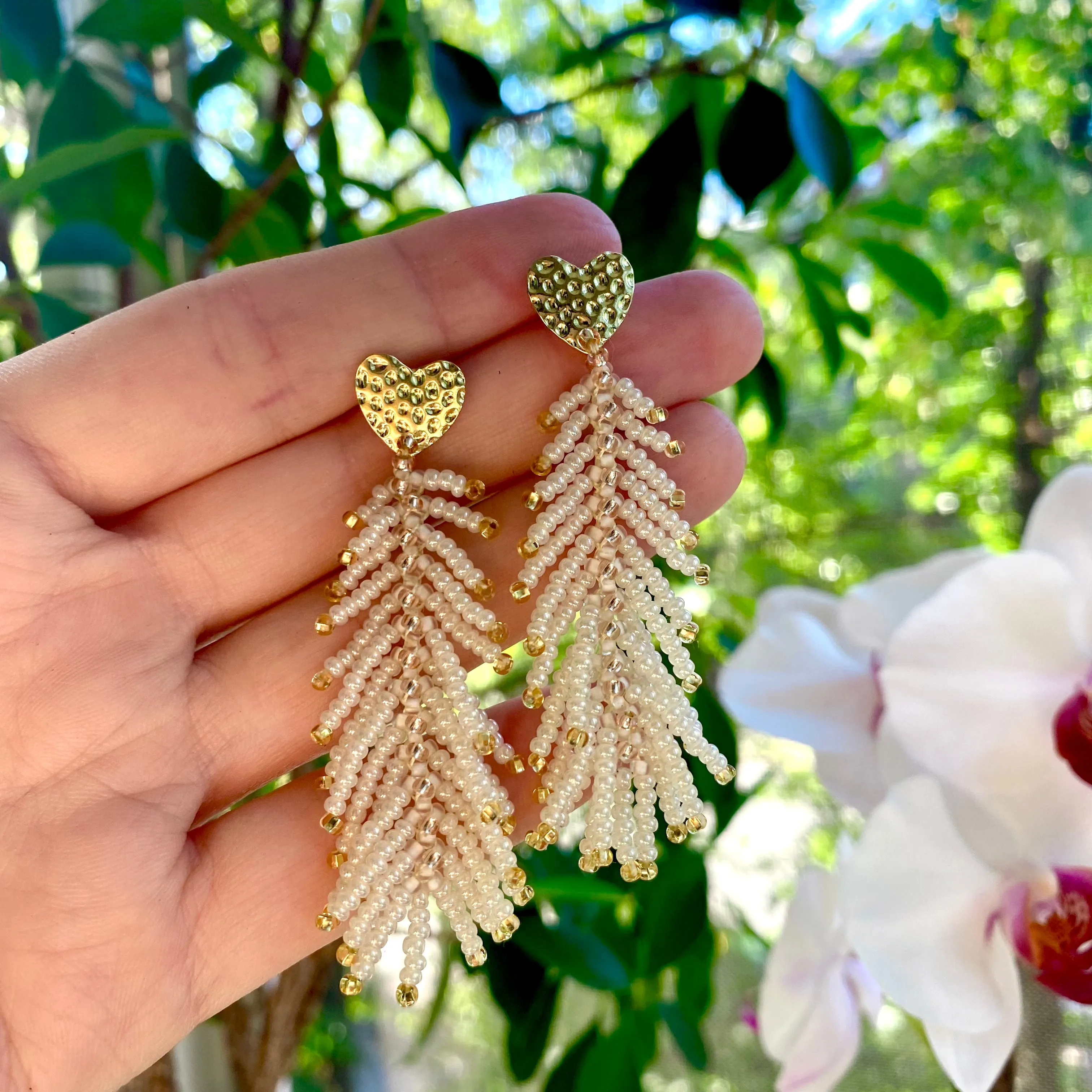 Handmade Dainty Boho White Gold Seed Beaded  Feather Earrings