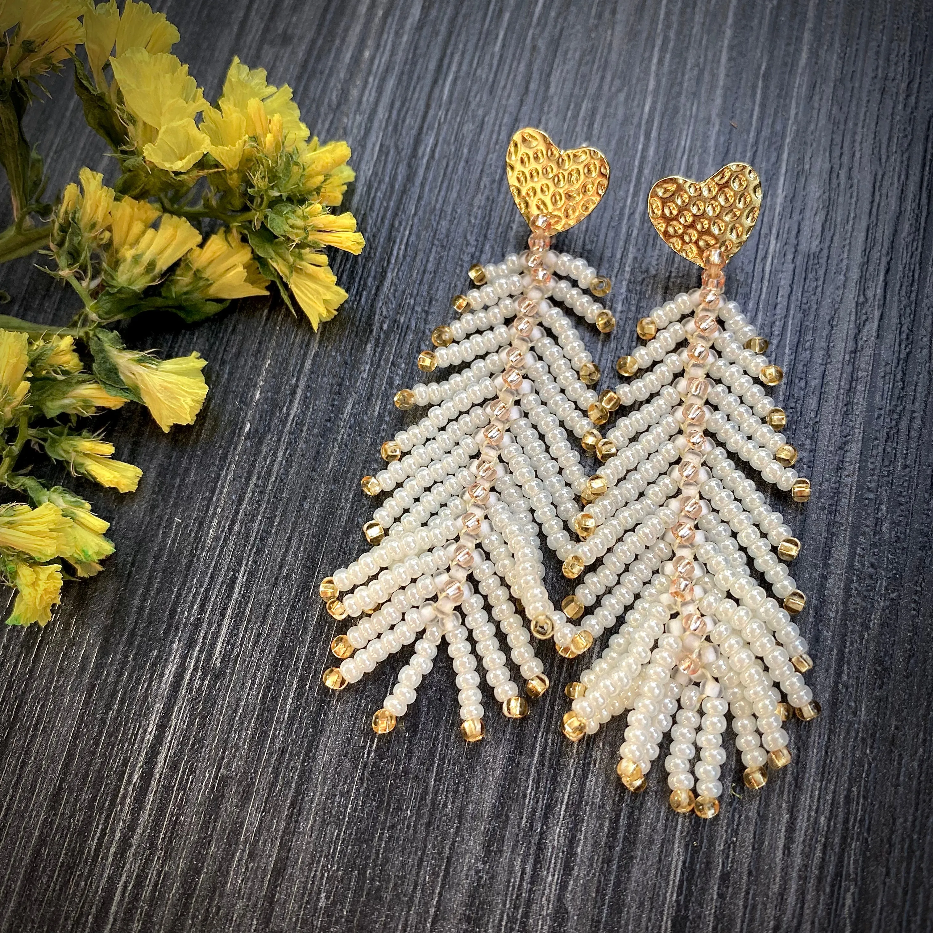 Handmade Dainty Boho White Gold Seed Beaded  Feather Earrings