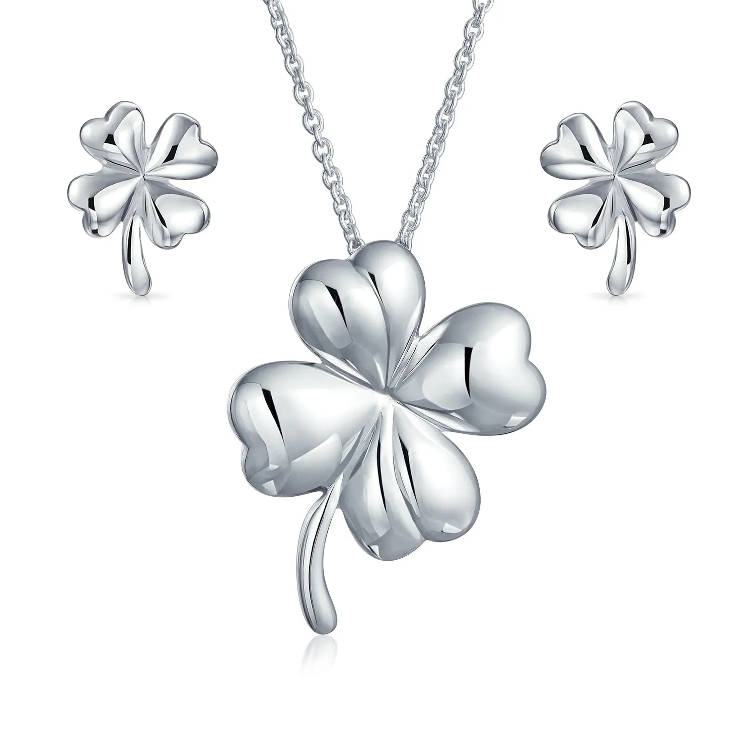 Jewelry Set Four Leaf Clover Shamrock Charm Pendant Necklace 925 Sterling Silver