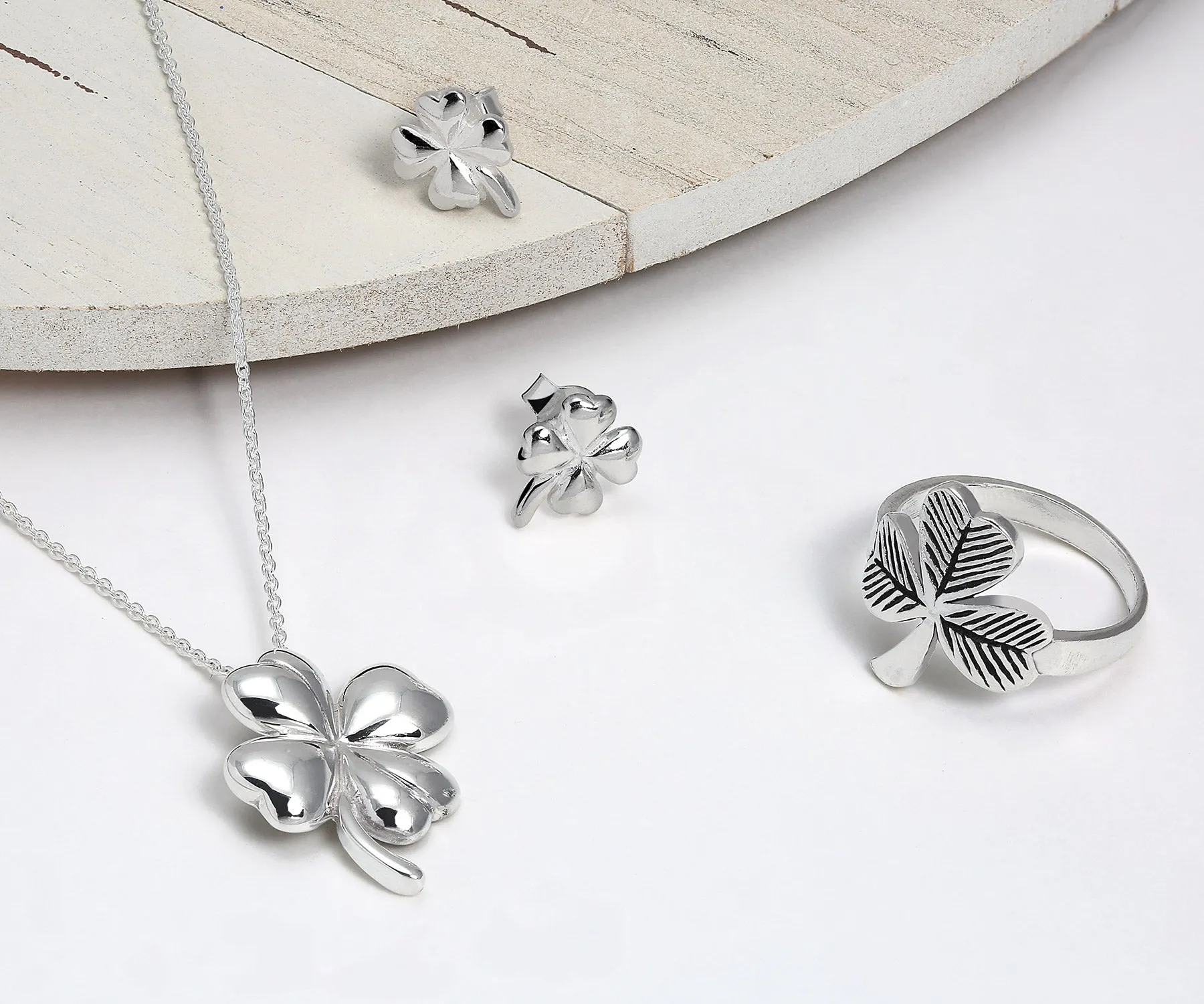 Jewelry Set Four Leaf Clover Shamrock Charm Pendant Necklace 925 Sterling Silver