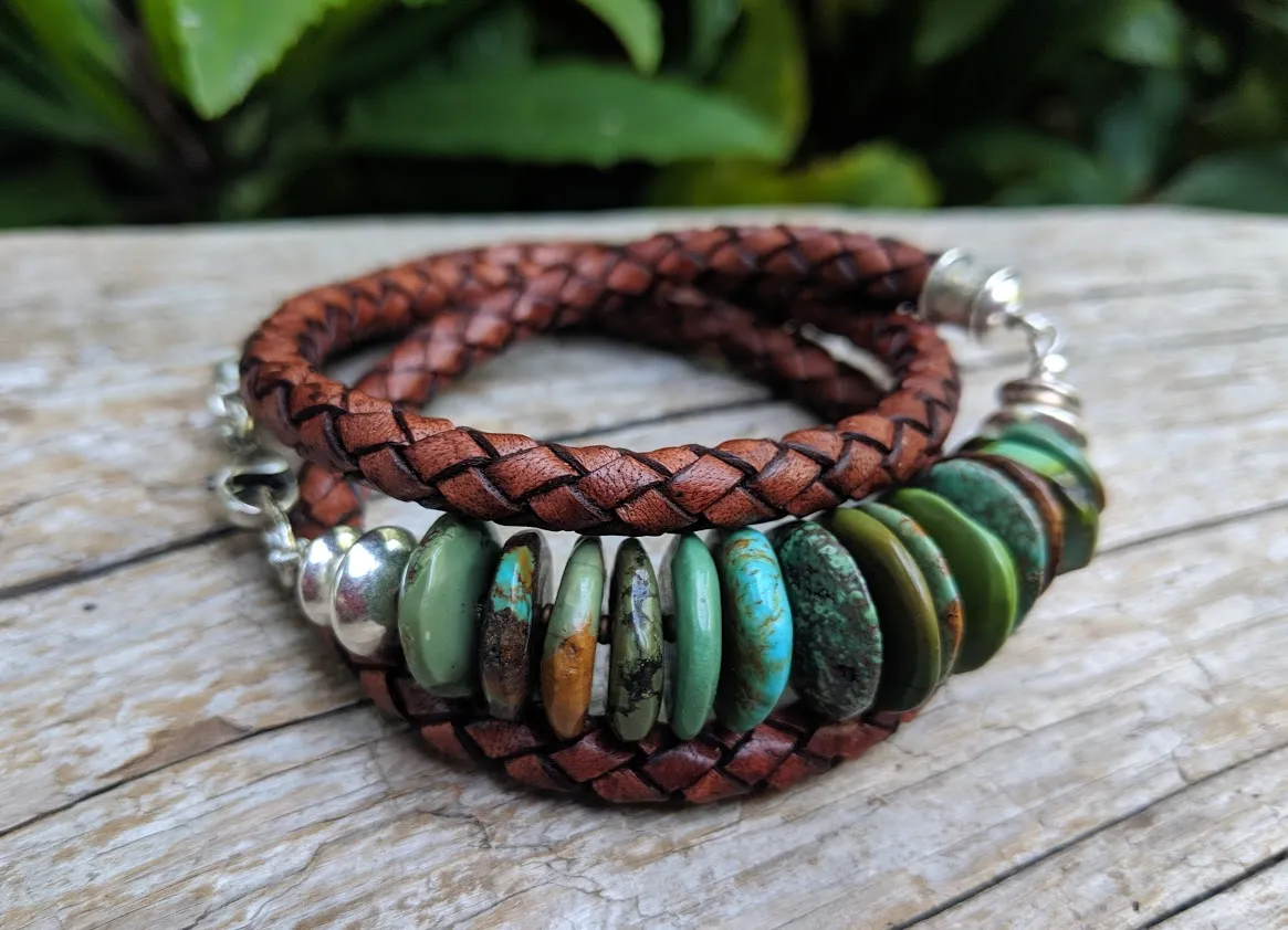 Large Turquoise Leather Wrap Bracelet