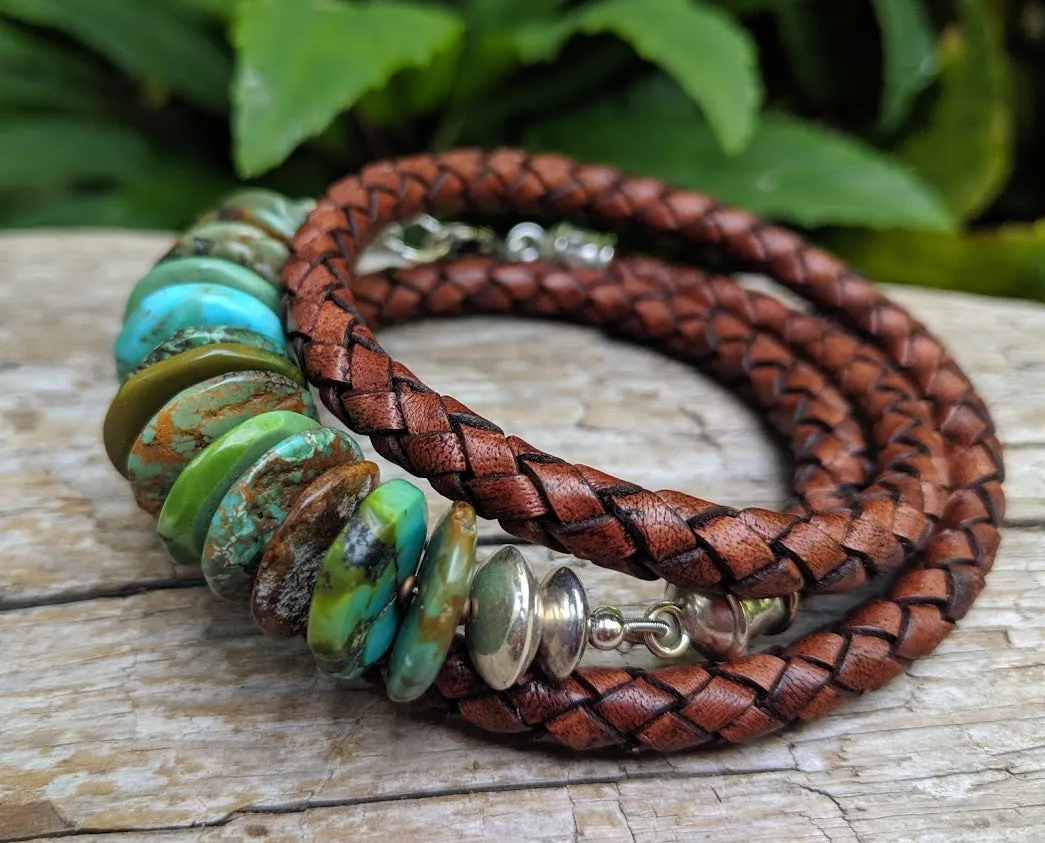 Large Turquoise Leather Wrap Bracelet