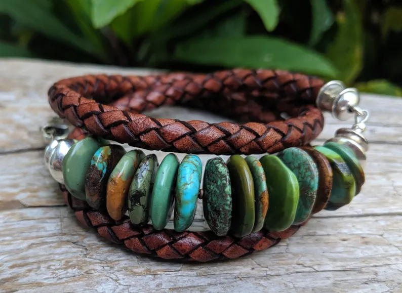 Large Turquoise Leather Wrap Bracelet