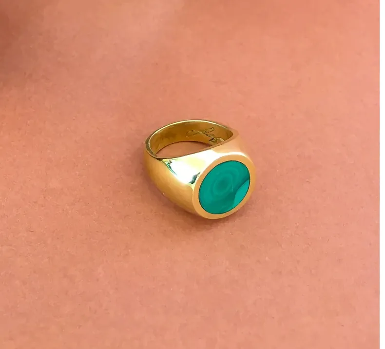 Legier :: Malachite ROUND Stone Signet Ring Size 6