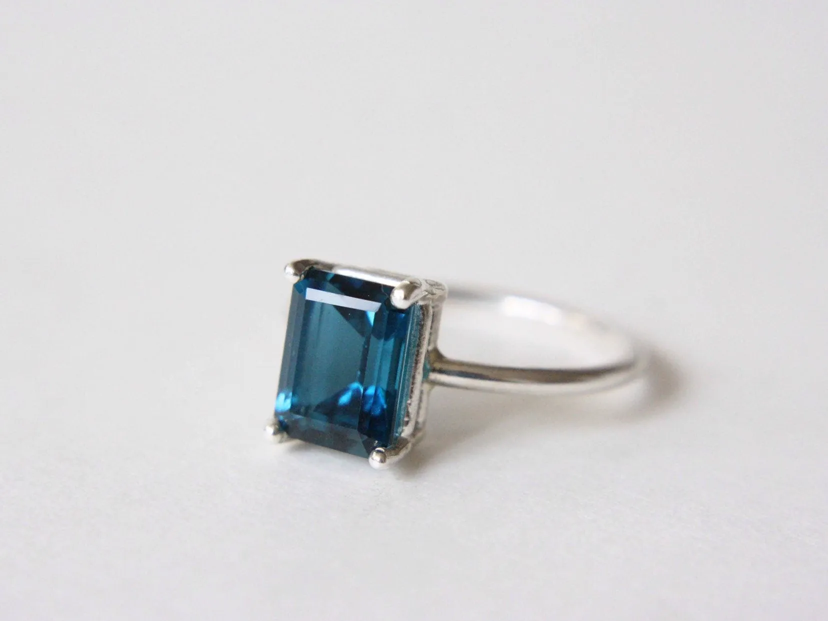 London Blue Topaz Ring, 9x7 Emerald Cut