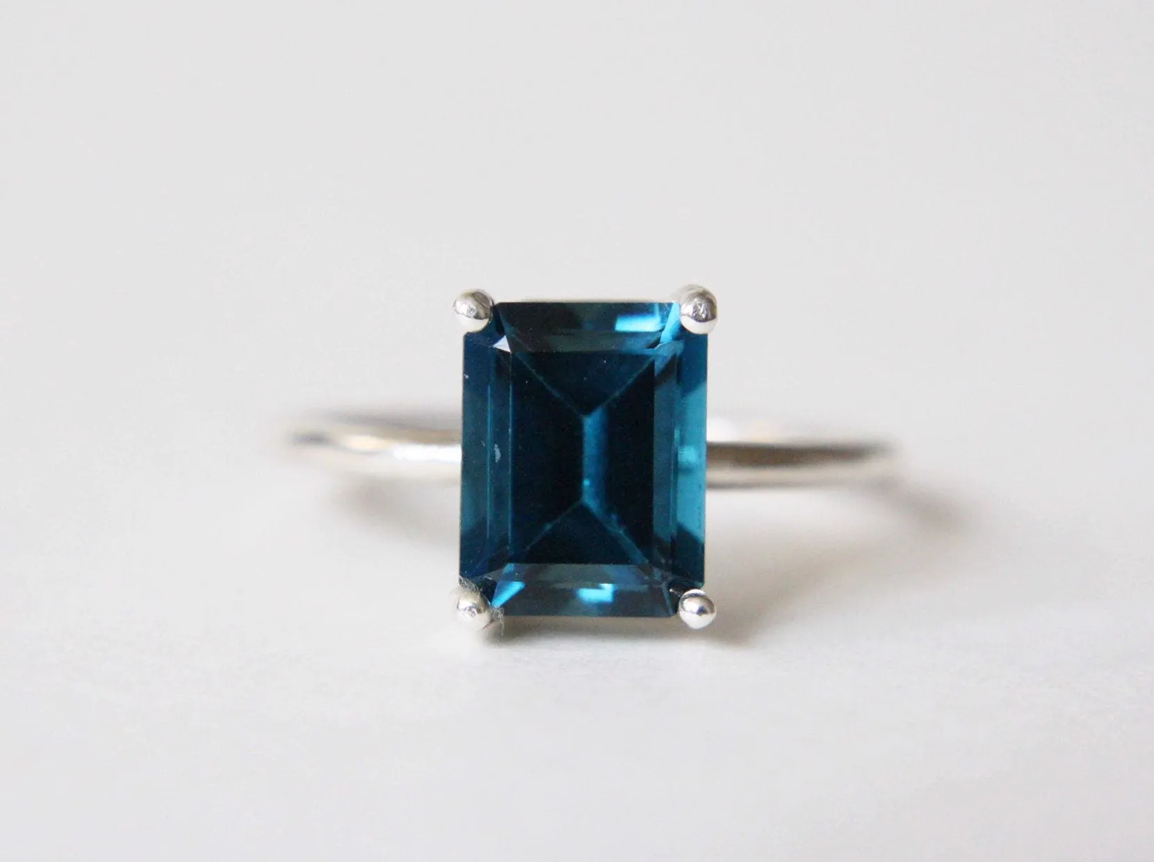 London Blue Topaz Ring, 9x7 Emerald Cut