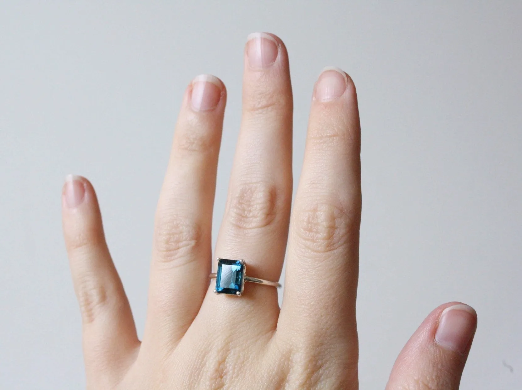 London Blue Topaz Ring, 9x7 Emerald Cut