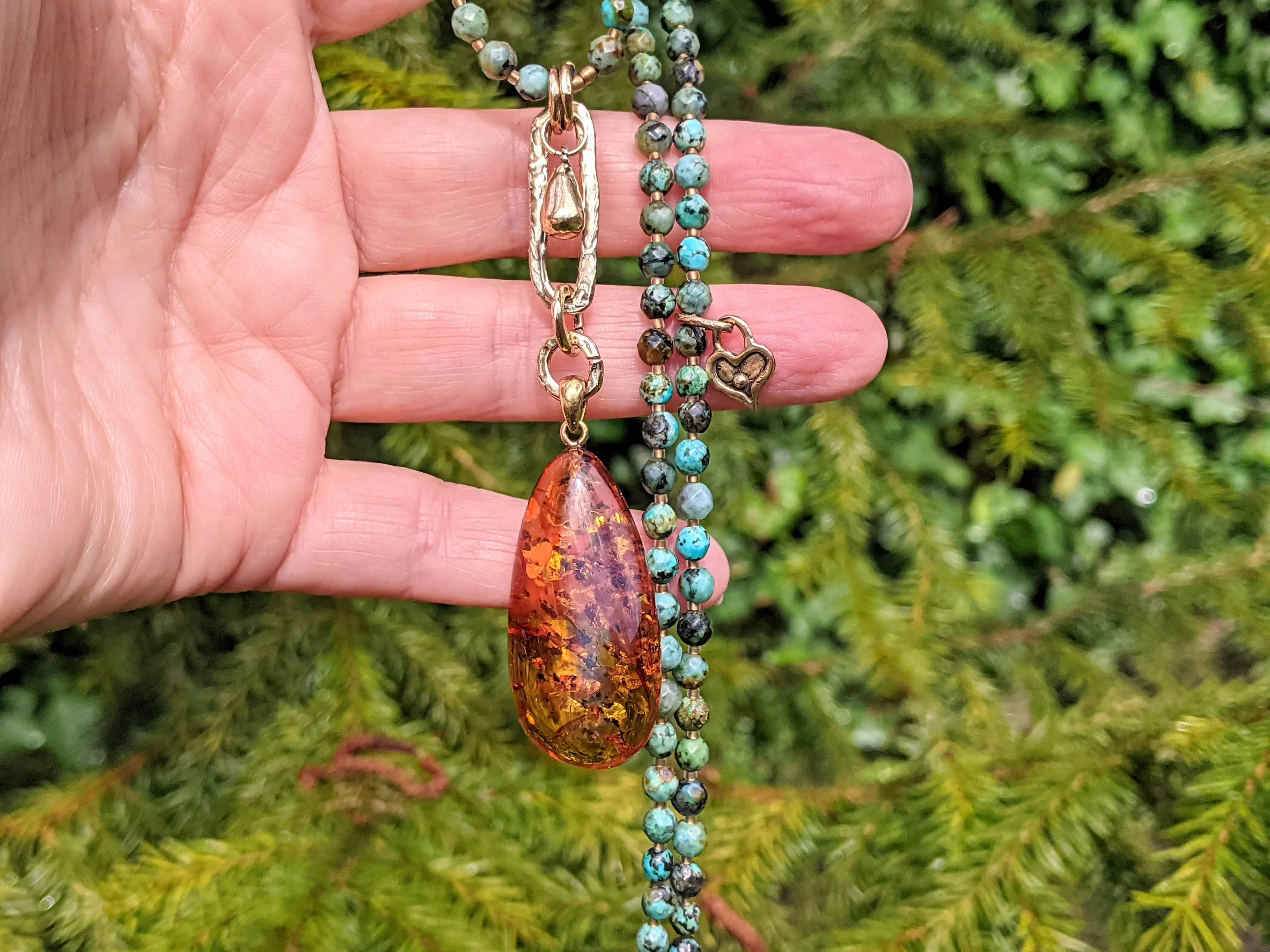 Long African Turquoise Necklace & Baltic Amber Pendant