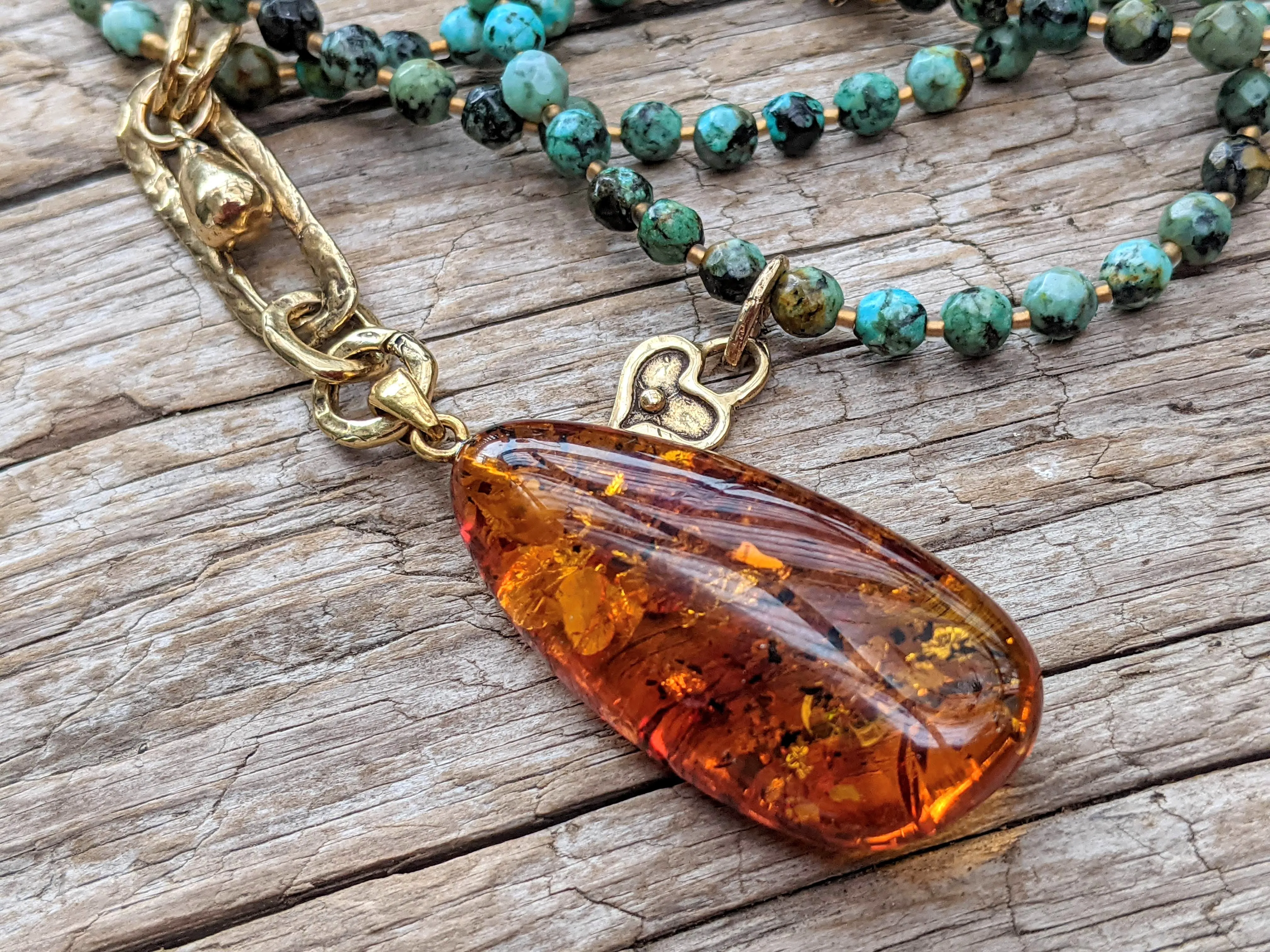 Long African Turquoise Necklace & Baltic Amber Pendant