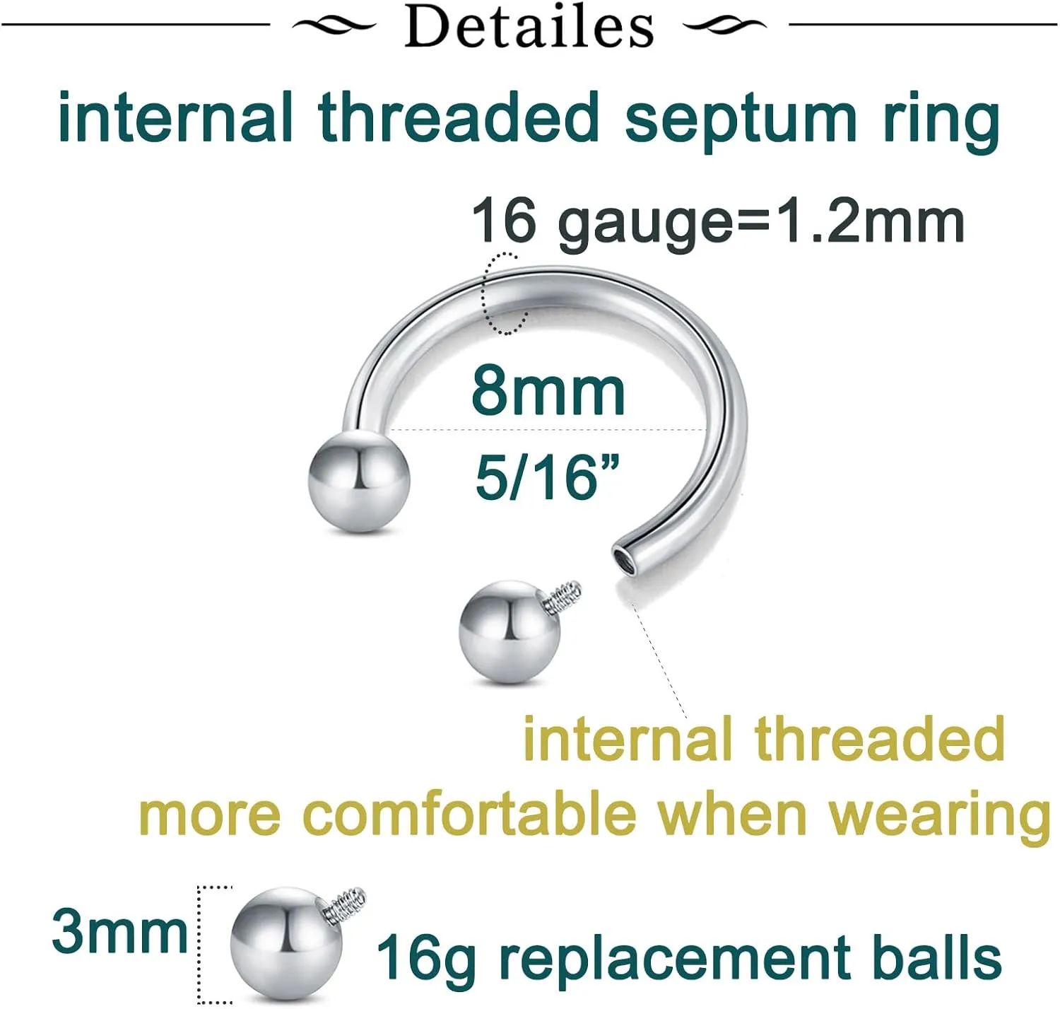 Longita Internally Threaded Septum Ring Silver Black Gold Septum Rings 16G Septum Piercing Surgical Steel Septum Jewelry Septum Nose Rings 16 Gauge Small Septum Ring Horseshoe with Replacement Balls