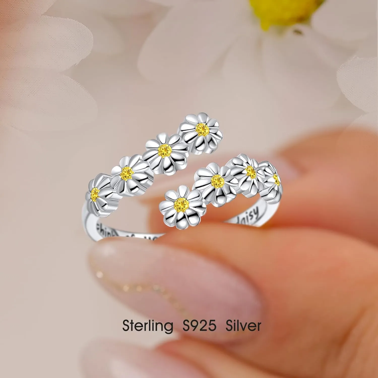LYTTMAB Birthstone Ring Daisy Ring Sunflower Ring For Women, Sterling S925 Silver Birth Flower Ring, I Think Of You Every Daisy Ring, Sunshine Ring Spoon Ring, Open Ring, Adjustable Ring