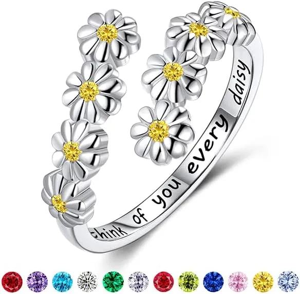 LYTTMAB Birthstone Ring Daisy Ring Sunflower Ring For Women, Sterling S925 Silver Birth Flower Ring, I Think Of You Every Daisy Ring, Sunshine Ring Spoon Ring, Open Ring, Adjustable Ring
