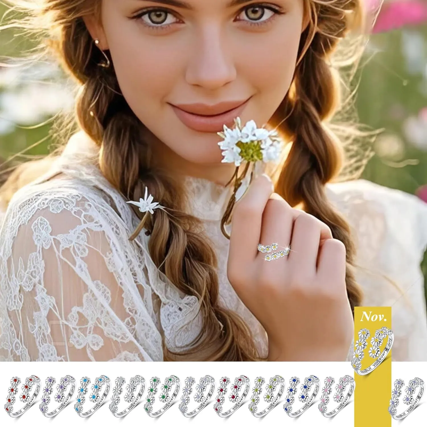 LYTTMAB Birthstone Ring Daisy Ring Sunflower Ring For Women, Sterling S925 Silver Birth Flower Ring, I Think Of You Every Daisy Ring, Sunshine Ring Spoon Ring, Open Ring, Adjustable Ring