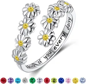 LYTTMAB Birthstone Ring Daisy Ring Sunflower Ring For Women, Sterling S925 Silver Birth Flower Ring, I Think Of You Every Daisy Ring, Sunshine Ring Spoon Ring, Open Ring, Adjustable Ring