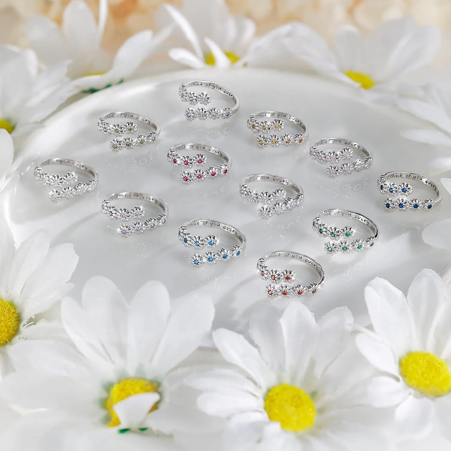 LYTTMAB Birthstone Ring Daisy Ring Sunflower Ring For Women, Sterling S925 Silver Birth Flower Ring, I Think Of You Every Daisy Ring, Sunshine Ring Spoon Ring, Open Ring, Adjustable Ring