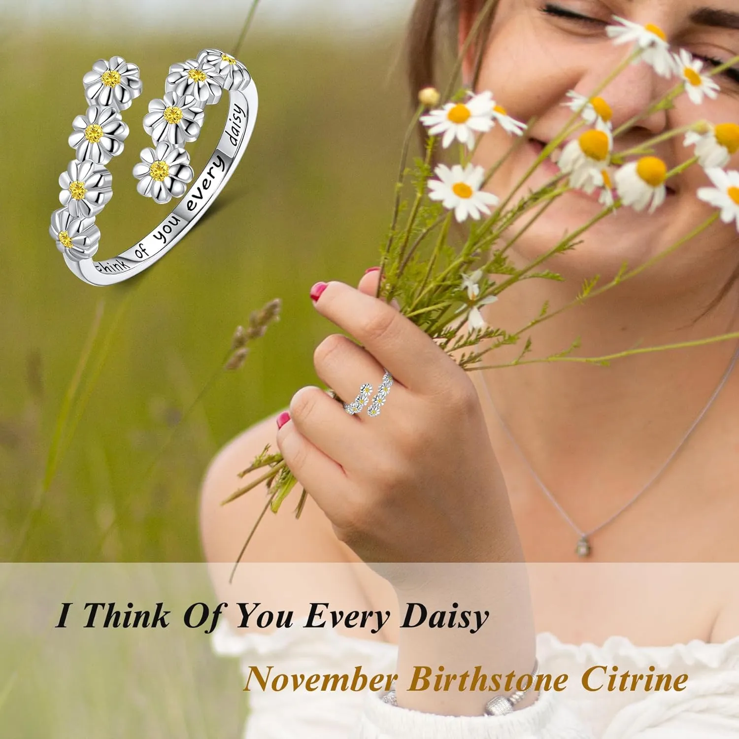 LYTTMAB Birthstone Ring Daisy Ring Sunflower Ring For Women, Sterling S925 Silver Birth Flower Ring, I Think Of You Every Daisy Ring, Sunshine Ring Spoon Ring, Open Ring, Adjustable Ring