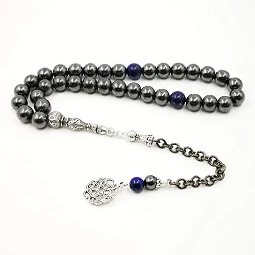 Man's Tasbih Natural Hematite with Lapis Lazuli Men's Bracelet Prayer Beads 33 66 99beads Stone Muslim Rosary (12mm, 33 Beads)
