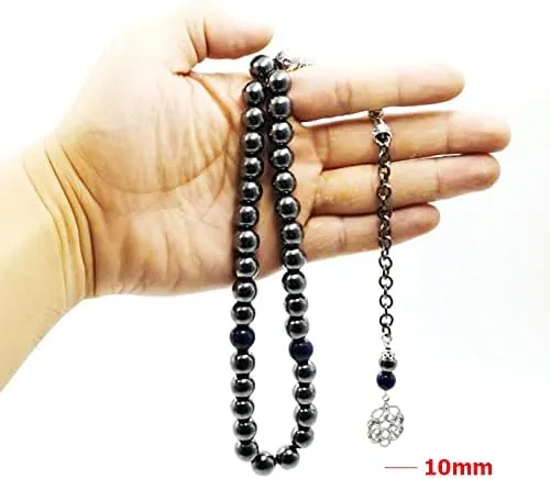 Man's Tasbih Natural Hematite with Lapis Lazuli Men's Bracelet Prayer Beads 33 66 99beads Stone Muslim Rosary (12mm, 33 Beads)