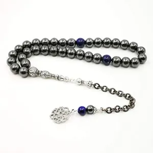 Man's Tasbih Natural Hematite with Lapis Lazuli Men's Bracelet Prayer Beads 33 66 99beads Stone Muslim Rosary (12mm, 33 Beads)