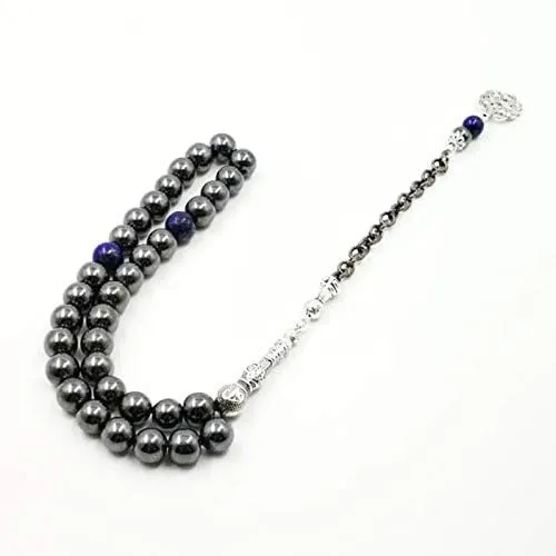 Man's Tasbih Natural Hematite with Lapis Lazuli Men's Bracelet Prayer Beads 33 66 99beads Stone Muslim Rosary (12mm, 33 Beads)