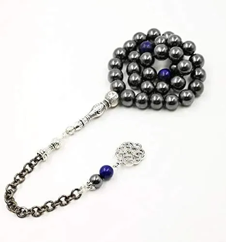 Man's Tasbih Natural Hematite with Lapis Lazuli Men's Bracelet Prayer Beads 33 66 99beads Stone Muslim Rosary (12mm, 33 Beads)