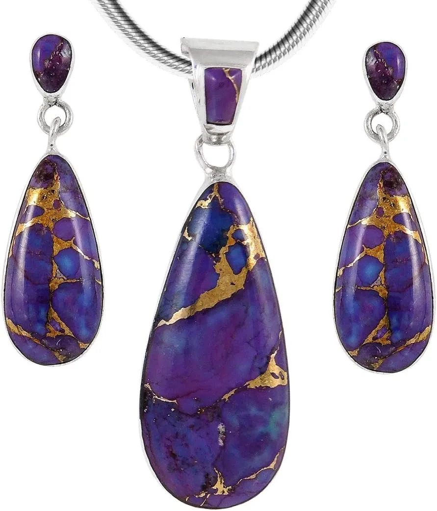 Matching Turquoise & Gemstones Set 925 Sterling Silver (Pendant, Earrings, Necklace 20")