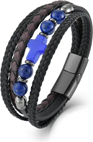 Men's Leather & Stone Cross Bracelet - Christian Religious Jewelry for Men (Lapis/Onyx/Turquoise/Tiger Eye), Braided Design with Alloy Clasp, 8.3" & 9.1" Sizes