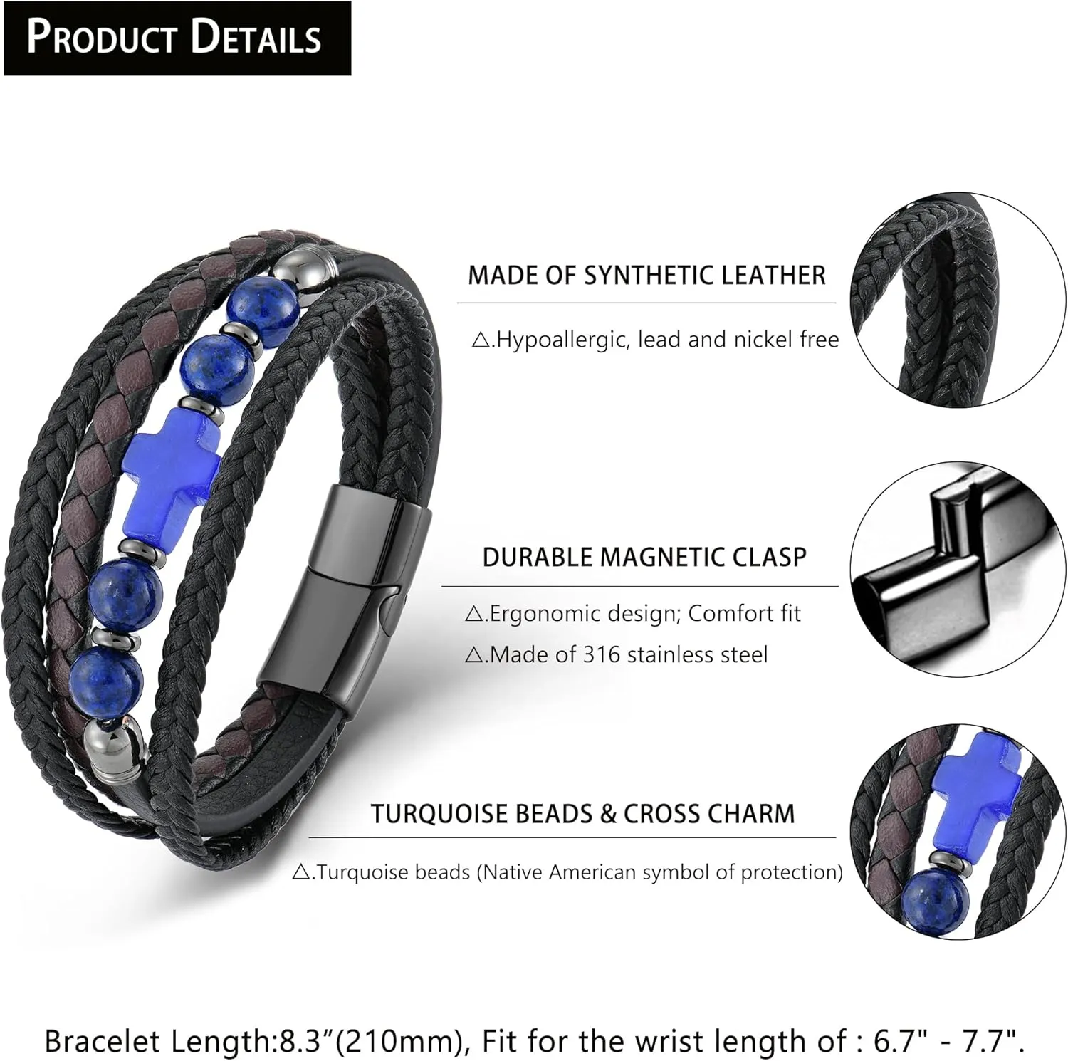 Men's Leather & Stone Cross Bracelet - Christian Religious Jewelry for Men (Lapis/Onyx/Turquoise/Tiger Eye), Braided Design with Alloy Clasp, 8.3" & 9.1" Sizes