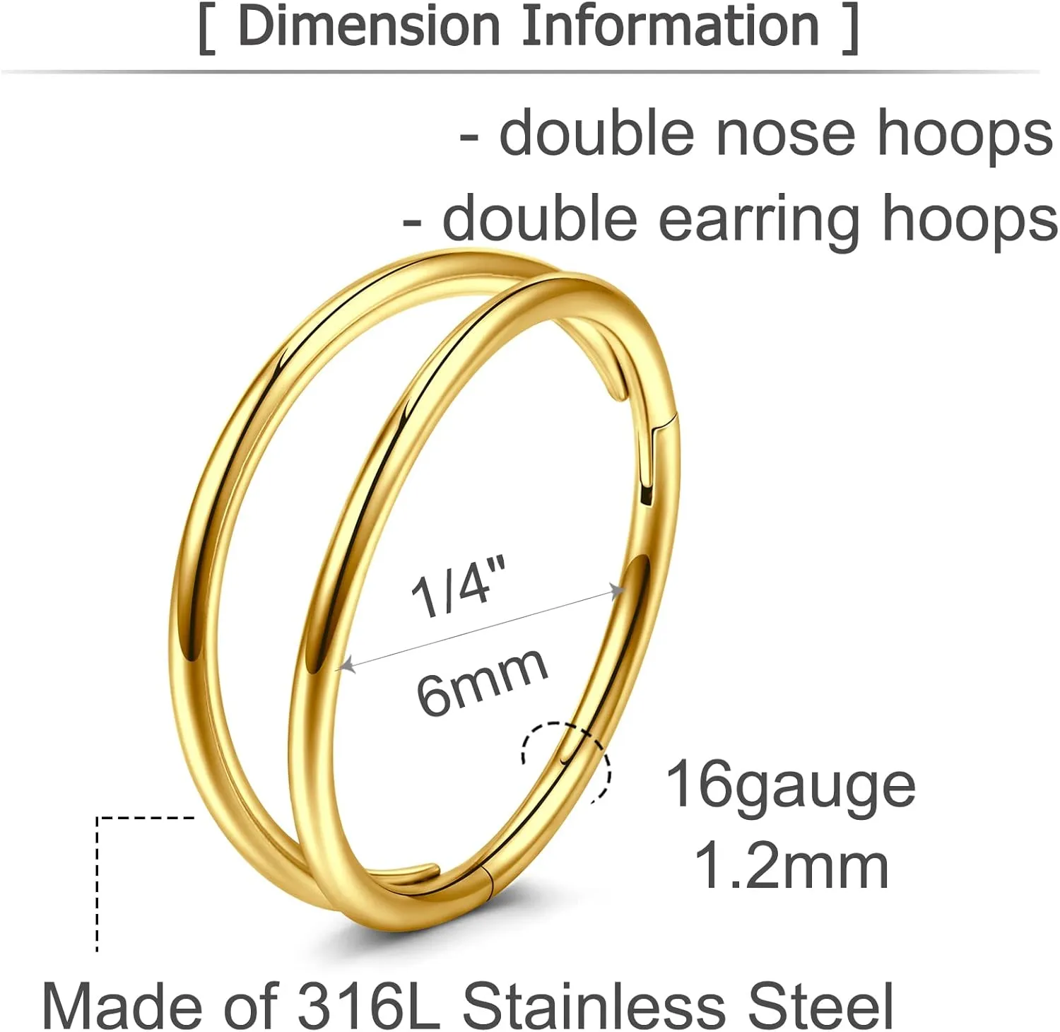 MODRSA Double Hoop Nose Ring - Silver Gold Diamond 316L Surgical Steel Cartilage Earring Helix Hoops 20g 18g 16g